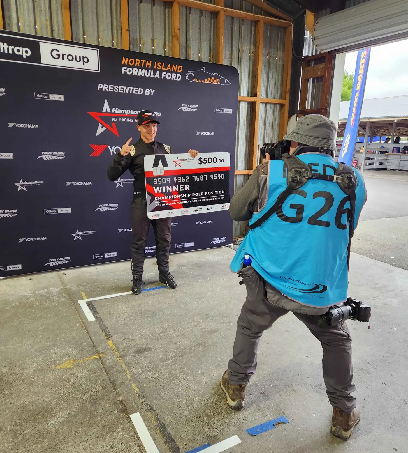 Blake Dowdall in the garage at Manfeild