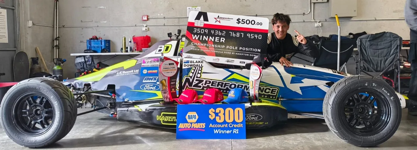 Blake Dowdall celebrates the NIFF Round 1 win at Hampton Downs