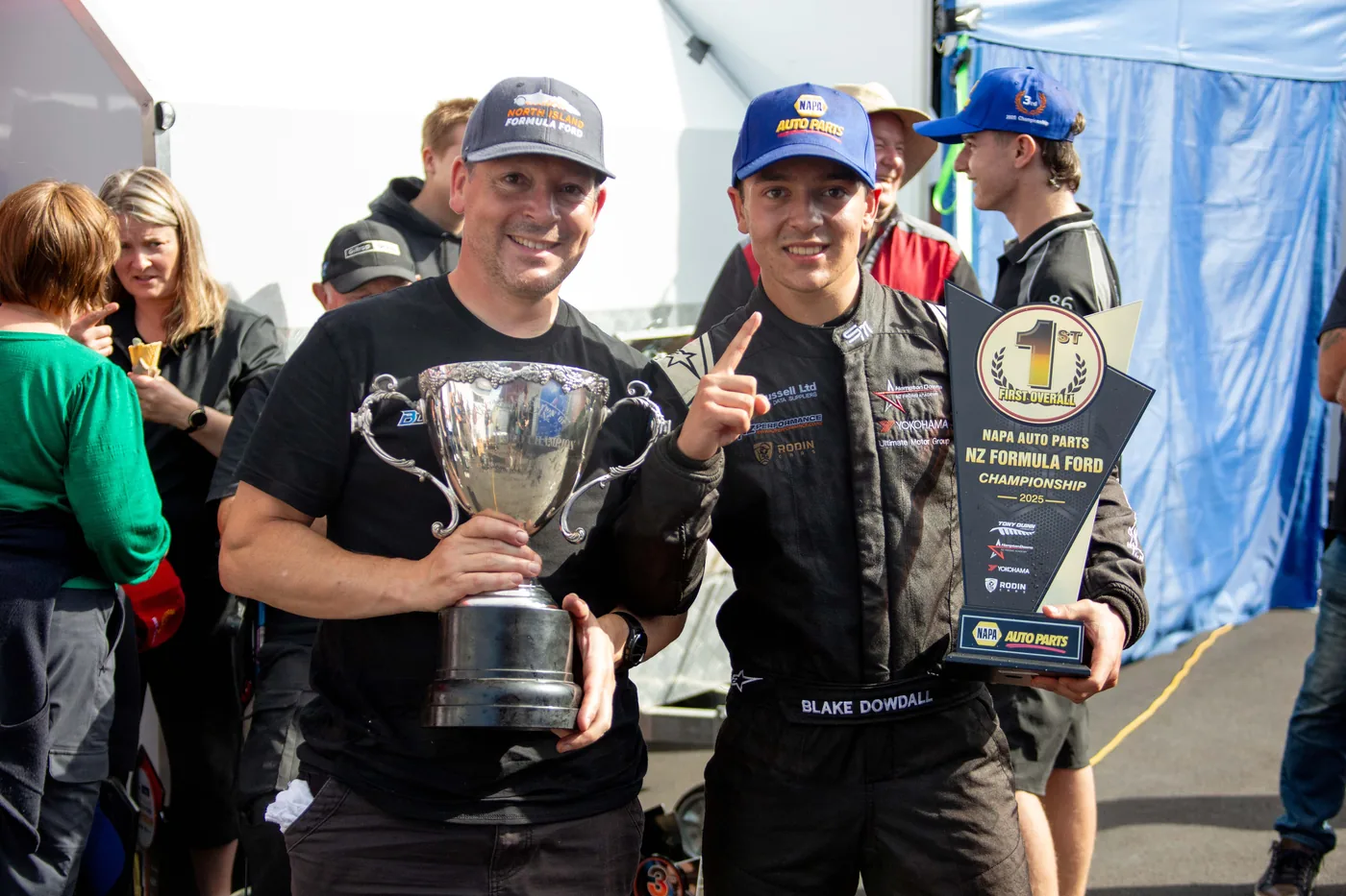 Blake Dowdall celebrates the championship at Manfeild